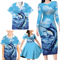 Hawaii Blue Marlin Fishing Family Matching Long Sleeve Bodycon Dress and Hawaiian Shirt LT05 - Polynesian Pride