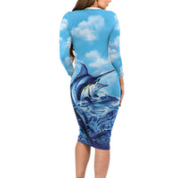 Hawaii Blue Marlin Fishing Family Matching Long Sleeve Bodycon Dress and Hawaiian Shirt LT05 - Polynesian Pride