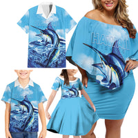 Hawaii Blue Marlin Fishing Family Matching Off Shoulder Short Dress and Hawaiian Shirt LT05 - Polynesian Pride