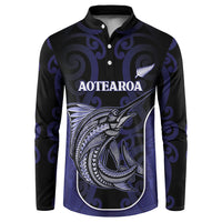 Personalised New Zealand Aotearoa Button Sweatshirt Blue Marlin Fishing Maori Pattern