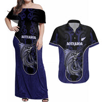 Personalised New Zealand Aotearoa Couples Matching Off Shoulder Maxi Dress and Hawaiian Shirt Blue Marlin Fishing Maori Pattern LT05 Black - Polynesian Pride