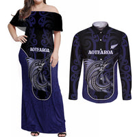 Personalised New Zealand Aotearoa Couples Matching Off Shoulder Maxi Dress and Long Sleeve Button Shirt Blue Marlin Fishing Maori Pattern LT05 Black - Polynesian Pride