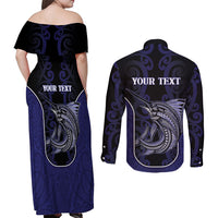 Personalised New Zealand Aotearoa Couples Matching Off Shoulder Maxi Dress and Long Sleeve Button Shirt Blue Marlin Fishing Maori Pattern LT05 - Polynesian Pride