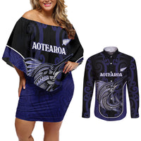 Personalised New Zealand Aotearoa Couples Matching Off Shoulder Short Dress and Long Sleeve Button Shirt Blue Marlin Fishing Maori Pattern LT05 Black - Polynesian Pride