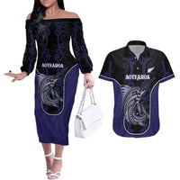 Personalised New Zealand Aotearoa Couples Matching Off The Shoulder Long Sleeve Dress and Hawaiian Shirt Blue Marlin Fishing Maori Pattern LT05 Black - Polynesian Pride