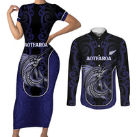 Personalised New Zealand Aotearoa Couples Matching Short Sleeve Bodycon Dress and Long Sleeve Button Shirt Blue Marlin Fishing Maori Pattern LT05 Black - Polynesian Pride