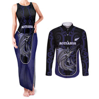 Personalised New Zealand Aotearoa Couples Matching Tank Maxi Dress and Long Sleeve Button Shirt Blue Marlin Fishing Maori Pattern LT05 Black - Polynesian Pride