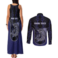 Personalised New Zealand Aotearoa Couples Matching Tank Maxi Dress and Long Sleeve Button Shirt Blue Marlin Fishing Maori Pattern LT05 - Polynesian Pride