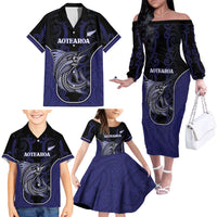 Personalised New Zealand Aotearoa Family Matching Off The Shoulder Long Sleeve Dress and Hawaiian Shirt Blue Marlin Fishing Maori Pattern LT05 - Polynesian Pride