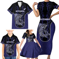 Personalised New Zealand Aotearoa Family Matching Short Sleeve Bodycon Dress and Hawaiian Shirt Blue Marlin Fishing Maori Pattern LT05 - Polynesian Pride