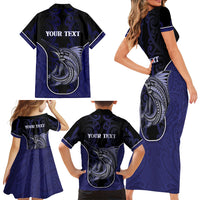 Personalised New Zealand Aotearoa Family Matching Short Sleeve Bodycon Dress and Hawaiian Shirt Blue Marlin Fishing Maori Pattern LT05 - Polynesian Pride