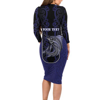 Personalised New Zealand Aotearoa Long Sleeve Bodycon Dress Blue Marlin Fishing Maori Pattern LT05 - Polynesian Pride