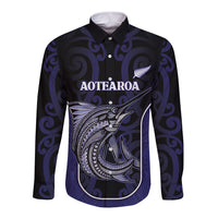 Personalised New Zealand Aotearoa Long Sleeve Button Shirt Blue Marlin Fishing Maori Pattern