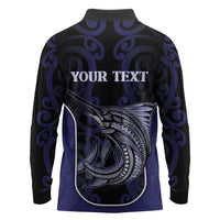 Personalised New Zealand Aotearoa Long Sleeve Polo Shirt Blue Marlin Fishing Maori Pattern LT05 - Polynesian Pride