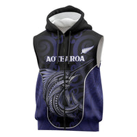 Personalised New Zealand Aotearoa Sleeveless Zip Hoodie Blue Marlin Fishing Maori Pattern LT05 Black - Polynesian Pride