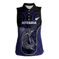 Personalised New Zealand Aotearoa Women Sleeveless Polo Shirt Blue Marlin Fishing Maori Pattern LT05 Female Black - Polynesian Pride