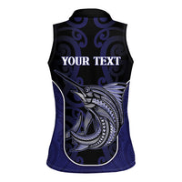 Personalised New Zealand Aotearoa Women Sleeveless Polo Shirt Blue Marlin Fishing Maori Pattern LT05 - Polynesian Pride