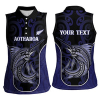 Personalised New Zealand Aotearoa Women Sleeveless Polo Shirt Blue Marlin Fishing Maori Pattern LT05 - Polynesian Pride
