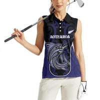 Personalised New Zealand Aotearoa Women Sleeveless Polo Shirt Blue Marlin Fishing Maori Pattern LT05 - Polynesian Pride