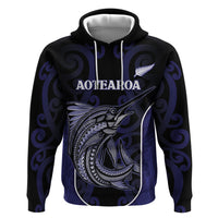 Personalised New Zealand Aotearoa Zip Hoodie Blue Marlin Fishing Maori Pattern