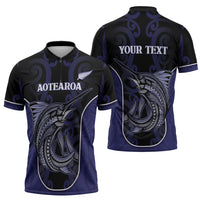 Personalised New Zealand Aotearoa Zipper Polo Shirt Blue Marlin Fishing Maori Pattern LT05 - Polynesian Pride