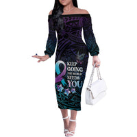Polynesia Suicide Prevention Awareness Family Matching Off The Shoulder Long Sleeve Dress and Hawaiian Shirt Keep Going The World Needs You LT05 Mom's Dress Purple - Polynesian Pride