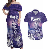 Aloha Hawaii Kauai Island Couples Matching Off Shoulder Maxi Dress and Hawaiian Shirt Hula Till You Drop LT05 Purple - Polynesian Pride