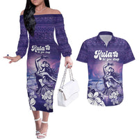 Aloha Hawaii Kauai Island Couples Matching Off The Shoulder Long Sleeve Dress and Hawaiian Shirt Hula Till You Drop LT05 Purple - Polynesian Pride