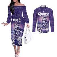 Aloha Hawaii Kauai Island Couples Matching Off The Shoulder Long Sleeve Dress and Long Sleeve Button Shirt Hula Till You Drop LT05 Purple - Polynesian Pride