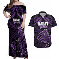 Personalised Hawaii Kauai Island Couples Matching Off Shoulder Maxi Dress and Hawaiian Shirt Rooster Tribal Tattoo Simple Style LT05 Purple - Polynesian Pride