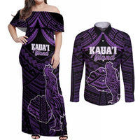 Personalised Hawaii Kauai Island Couples Matching Off Shoulder Maxi Dress and Long Sleeve Button Shirt Rooster Tribal Tattoo Simple Style LT05 Purple - Polynesian Pride