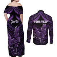 Personalised Hawaii Kauai Island Couples Matching Off Shoulder Maxi Dress and Long Sleeve Button Shirt Rooster Tribal Tattoo Simple Style LT05 - Polynesian Pride