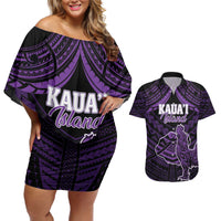 Personalised Hawaii Kauai Island Couples Matching Off Shoulder Short Dress and Hawaiian Shirt Rooster Tribal Tattoo Simple Style LT05 Purple - Polynesian Pride