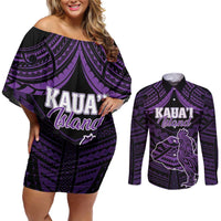 Personalised Hawaii Kauai Island Couples Matching Off Shoulder Short Dress and Long Sleeve Button Shirt Rooster Tribal Tattoo Simple Style LT05 Purple - Polynesian Pride