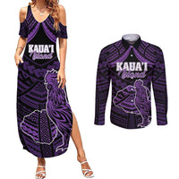 Personalised Hawaii Kauai Island Couples Matching Summer Maxi Dress and Long Sleeve Button Shirt Rooster Tribal Tattoo Simple Style LT05 Purple - Polynesian Pride