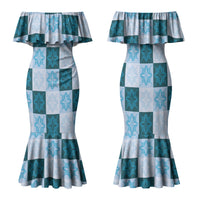 Cyan Manta Ray Hawaiian Quilt Motif Family Matching Mermaid Dress and Hawaiian Shirt LT05 Mom's Dress Blue - Polynesian Pride