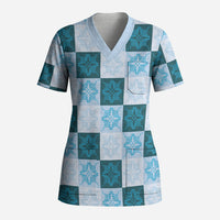 Cyan Manta Ray Hawaiian Quilt Motif Scrub Top LT05 Adult Blue - Polynesian Pride