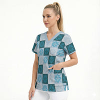 Cyan Manta Ray Hawaiian Quilt Motif Scrub Top LT05 - Polynesian Pride