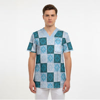 Cyan Manta Ray Hawaiian Quilt Motif Scrub Top LT05 - Polynesian Pride