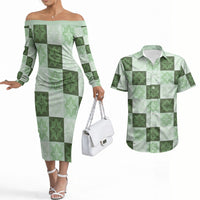 Sage Green Manta Ray Hawaiian Quilt Motif Couples Matching Off The Shoulder Long Sleeve Dress and Hawaiian Shirt LT05 Green - Polynesian Pride