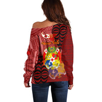 Personalized Tonga Off Shoulder Sweater Coat Of Arms Tongatapu With Ngatu Pattern LT05 - Polynesian Pride