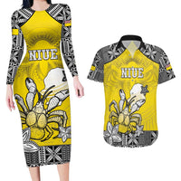 Personalised Happy Niue Constitution Day Couples Matching Long Sleeve Bodycon Dress and Hawaiian Shirt Niuean Crab Hiapo Pattern Yellow Version LT05 Yellow - Polynesian Pride