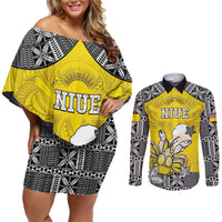 Personalised Happy Niue Constitution Day Couples Matching Off Shoulder Short Dress and Long Sleeve Button Shirt Niuean Crab Hiapo Pattern Yellow Version LT05 Yellow - Polynesian Pride