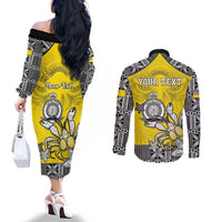 Personalised Happy Niue Constitution Day Couples Matching Off The Shoulder Long Sleeve Dress and Long Sleeve Button Shirt Niuean Crab Hiapo Pattern Yellow Version LT05 - Polynesian Pride
