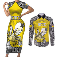 Personalised Happy Niue Constitution Day Couples Matching Short Sleeve Bodycon Dress and Long Sleeve Button Shirt Niuean Crab Hiapo Pattern Yellow Version LT05 Yellow - Polynesian Pride