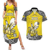 Personalised Happy Niue Constitution Day Couples Matching Summer Maxi Dress and Hawaiian Shirt Niuean Crab Hiapo Pattern Yellow Version LT05 Yellow - Polynesian Pride