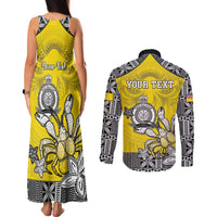 Personalised Happy Niue Constitution Day Couples Matching Tank Maxi Dress and Long Sleeve Button Shirt Niuean Crab Hiapo Pattern Yellow Version LT05 - Polynesian Pride