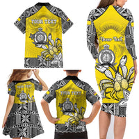Personalised Happy Niue Constitution Day Family Matching Long Sleeve Bodycon Dress and Hawaiian Shirt Niuean Crab Hiapo Pattern Yellow Version LT05 - Polynesian Pride
