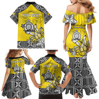 Personalised Happy Niue Constitution Day Family Matching Mermaid Dress and Hawaiian Shirt Niuean Crab Hiapo Pattern Yellow Version LT05 - Polynesian Pride