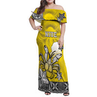 Personalised Happy Niue Constitution Day Family Matching Off Shoulder Maxi Dress and Hawaiian Shirt Niuean Crab Hiapo Pattern Yellow Version LT05 Mom's Dress Yellow - Polynesian Pride